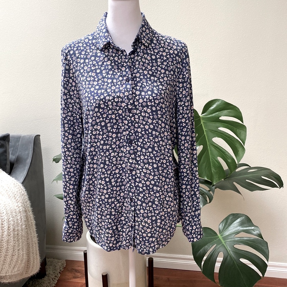 TOPSHOP Ditzy Daisy Blue Viscose Button-down Long Sleeve Top Size US 4